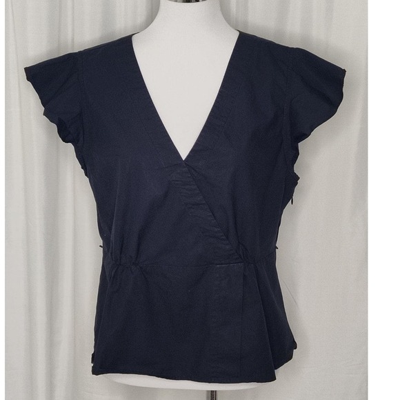 J. Crew black v-neck surplice faux wrap flutter sleeve top ruffle large - Picture 1 of 8